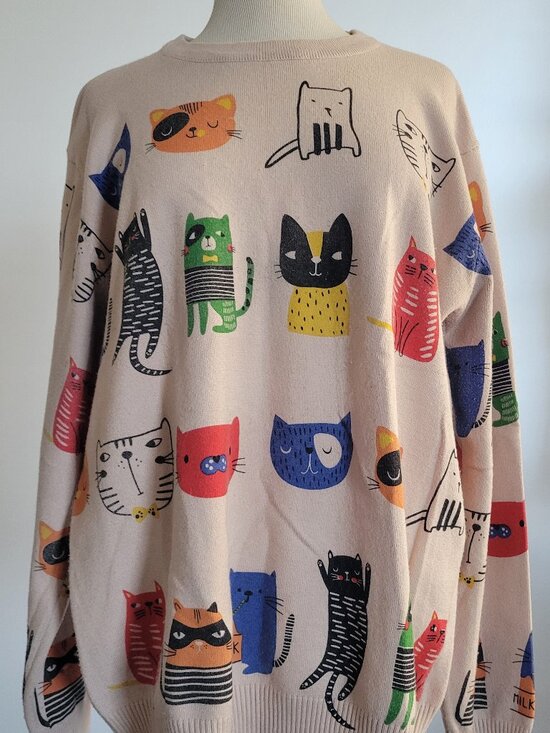 SHEIN Sweaters - Shein Women's Large Cat Sweater Beige Multicolor Kitty Print Long Sleeve Pullove